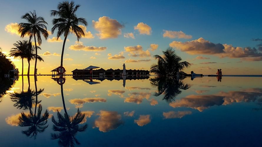 Evening sunset view of Maldives resort 
