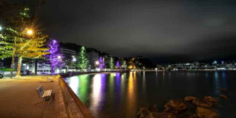 A night view of the city with a river flowing in between