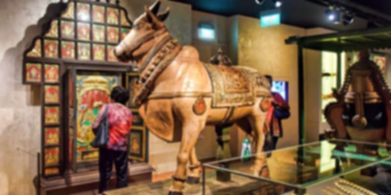 Interior of the Indian Heritage Centre in Singapore displaying traditional Indian artefacts, textiles, and a life-sized horse sculpture.