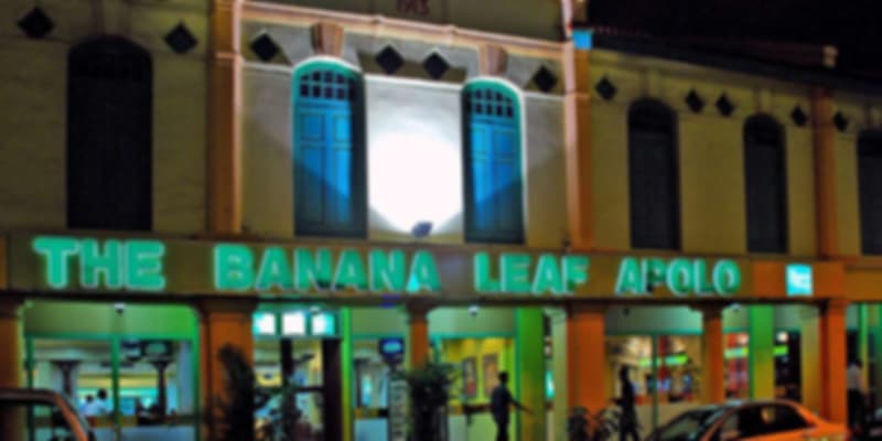 Exterior view of The Banana Leaf Apolo restaurant in Little India, Singapore, known for its authentic Indian cuisine and banana leaf meals.