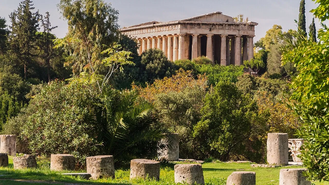 Ancient Agora of Athens archaeological site with the Temple of Hephaestus and Acropolis views