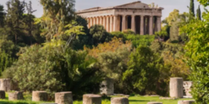 Ancient Agora of Athens archaeological site with the Temple of Hephaestus and Acropolis views