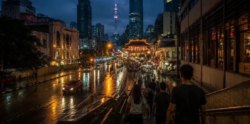 Rainy Petaling Street market at night