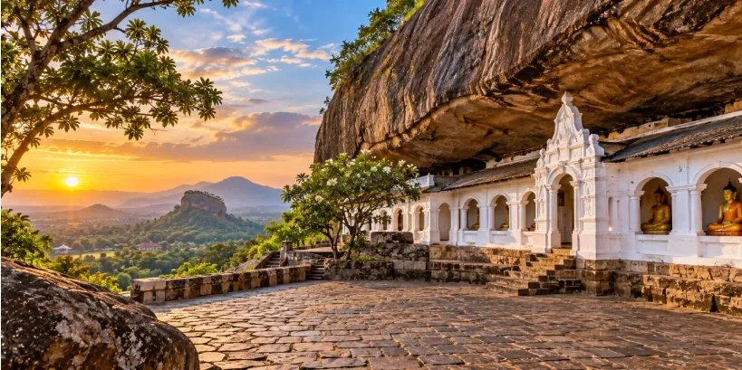 Golden-Hour Cave Temple Panorama in Sri Lanka in October