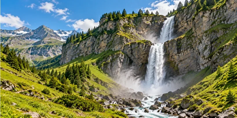 Engstligen Falls, one of the impressive waterfalls in Switzerland, cascading over rugged alpine cliffs.