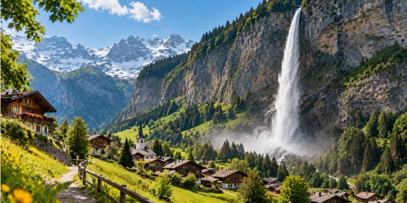 Mürrenbach Falls, one of the spectacular waterfalls in Switzerland, cascading down a steep alpine cliff beneath snow-capped peaks.