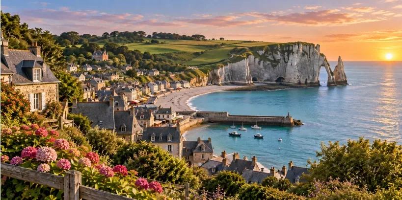 Normandy Village and Chalk Cliffs at Sunset
