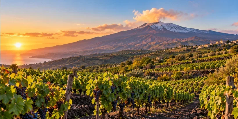Vineyards on Mount Etna in Sicily with volcanic slopes and the Mediterranean coast at sunset.