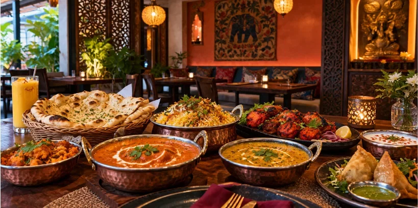 A spread of Indian dishes at Spice Mantraa Kuta