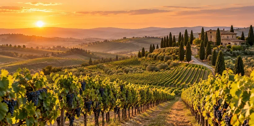 Vineyards in Italy with rolling Tuscan hills, grapevines, cypress trees and a rustic farmhouse at sunset.