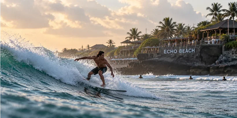 A surfer riding a wave at Echo Beach in Canggu